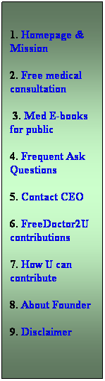 Text Box: 1. Homepage & Mission
2. Free medical consultation
3. Med E-books for public
4. Frequent Ask Questions 
5. Contact CEO
6. FreeDoctor2U contributions
7. How U can contribute
8. About Founder
9. Disclaimer

